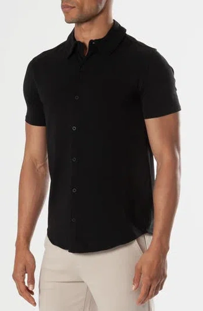 True Classic Short Sleeve Stretch Cotton Knit Button-down Shirt In Black