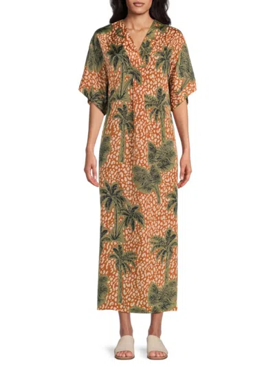 True Destinations Women's Palm Tree Print Coverup Dress In Rust