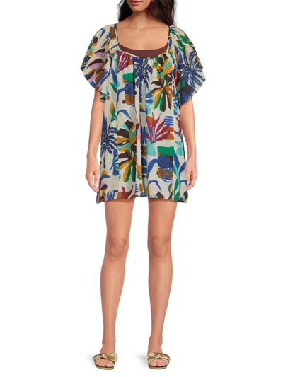 True Destinations Women's Printed Cotton Voile Mini Coverup Dress