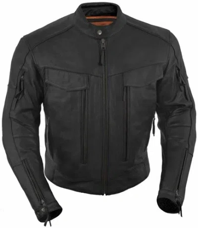 Pre-owned True Element Mens Premium Vented Scooter Style Collar Leather Motorcycle Jacket In Black