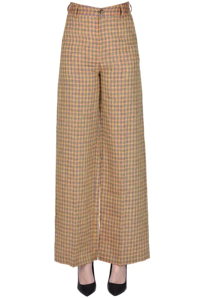 True Nyc Checked Print Linen Trousers In Mustard
