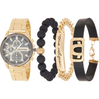 True Religion 4-piece Round Chronograph Watch & Bracelet Set In Gold