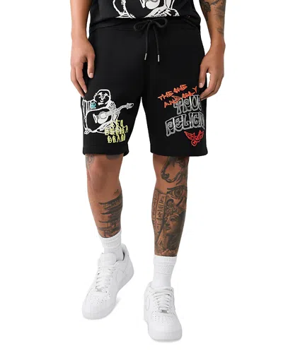 True Religion 8 Logo Graphic Fleece Drawstring Shorts In Black