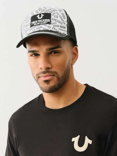 True Religion Allover Logo Trucker Hat In White