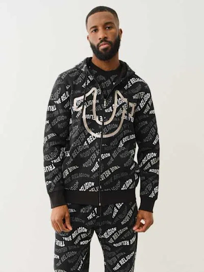 True Religion Allover Wavy Logo Zip Hoodie In Black