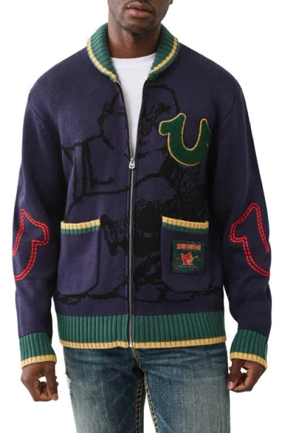 True Religion Ann Front Zip Cardigan In Blue