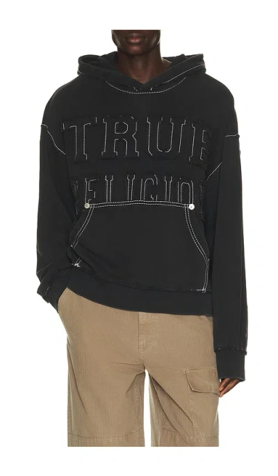 True Religion Applique Big T Boxy Hoodie In Jet Black