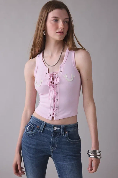 True Religion Applique Lace-up Rib Tank Top In Pink, Women's At Urban Outfitters