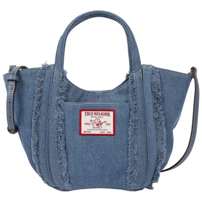 True Religion Atlas Frayed Medium Tote Bag - Denim Carryall With Removable Crossbody Strap In Blue