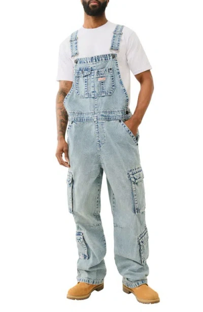 True Religion Baggy Denim Cargo Overalls In Optic Stone Light Wash