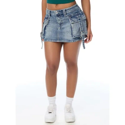 True Religion Big T Denim Cargo Skirt In Blue