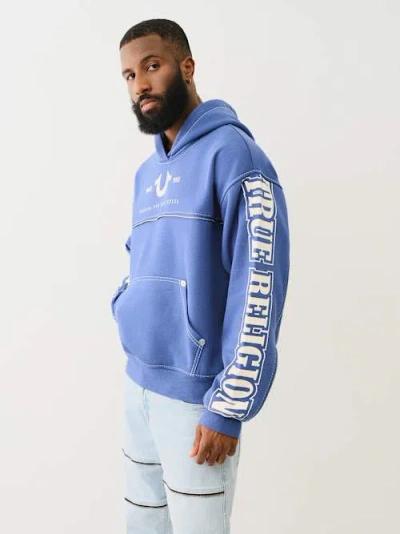 True Religion Big T Logo Zip Trim Hoodie In Blue