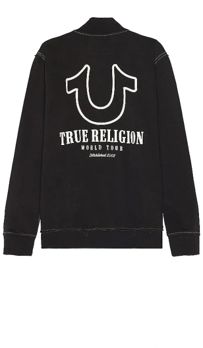 True Religion Big T Pigment Zip Mock Neck Sweatshirt In Jet Black