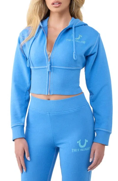 True Religion Big T Wide Waistband Full Zip Hoodie In Blue