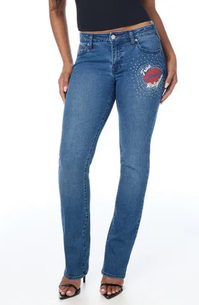 True Religion Billie Sn Nf Rhinestone Mid Rise Straight Leg Jeans In Blue