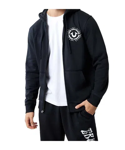 True Religion Blazing Logo Applique Zip Hoodie In Black