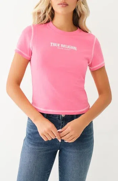 True Religion Brand Jeans Contrast Stitch Cotton Graphic Baby Tee In Hot Pink