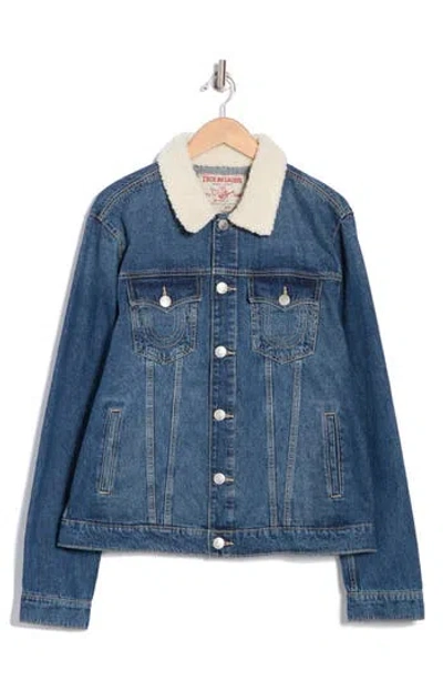 True Religion Brand Jeans Faux Shearling Trim Trucker Jacket In Medium Blizzard Wash
