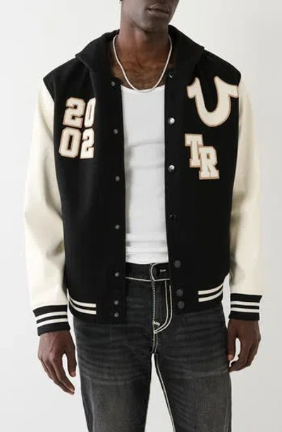 True Religion Brand Jeans Hooded Varsity Jacket In Jet Black