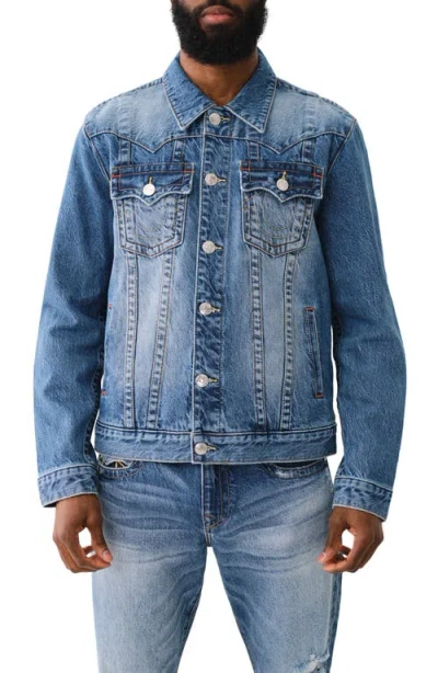 True Religion Brand Jeans Jimmy Rope Embellished Graphic Denim Trucker Jacket In Itonda Medium Wash