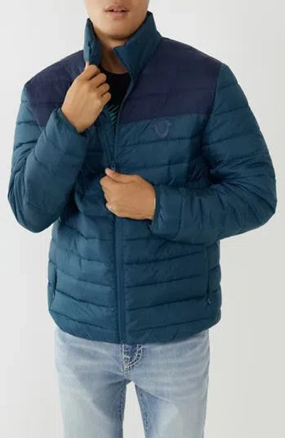True Religion Brand Jeans Lightweight Puffer Coat In Reflecting Pond/dark Sapphire