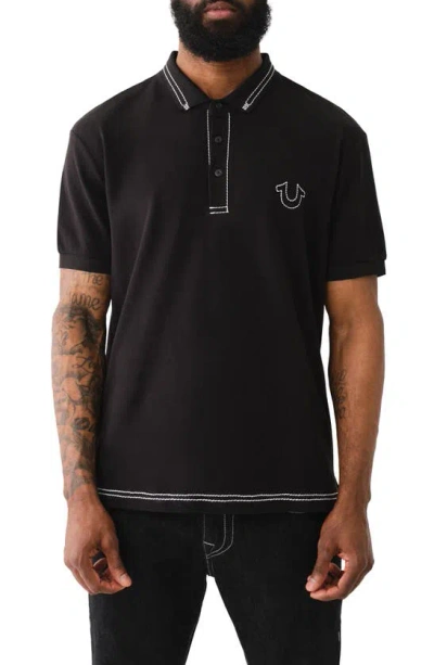 True Religion Brand Jeans Relaxed Fit Big T Embroidered Polo In Jet Black