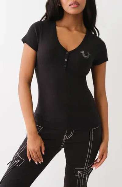 True Religion Brand Jeans Rhinestone Logo Rib Henley T-shirt In Jet Black