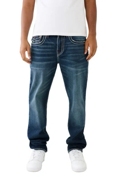 True Religion Brand Jeans Ricky Big T Flap Straight Leg Jeans In Diver Dark Wash