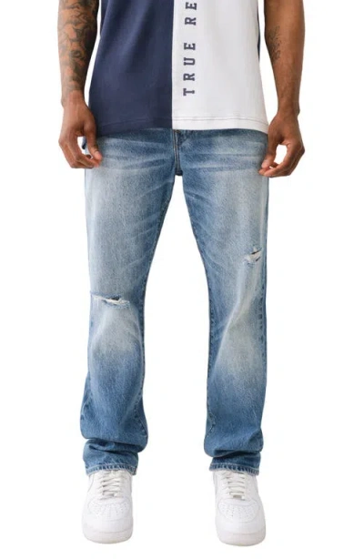 True Religion Brand Jeans Ricky Rope Stitch Straight Leg Distressed Jeans In Itonda Medium Wash With Rips