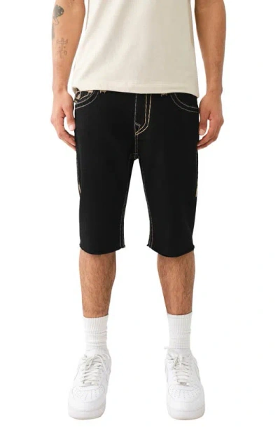 True Religion Brand Jeans Rocco Super T Raw Hem Skinny Denim Shorts In Black Rinse