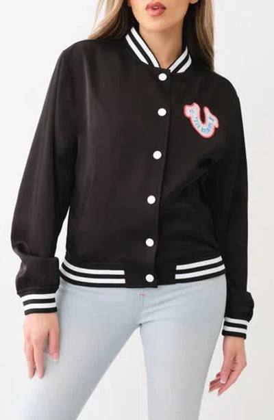 True Religion Brand Jeans Satin Varsity Jacket In Jet Black