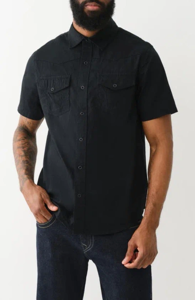 True Religion Brand Jeans Short Sleeve Cotton Button-up Shirt In Jet Black