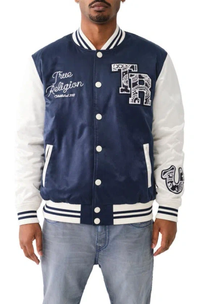 True Religion Brand Jeans Souvenir Satin Snap-up Varsity Jacket In Dress Blue / Winter White