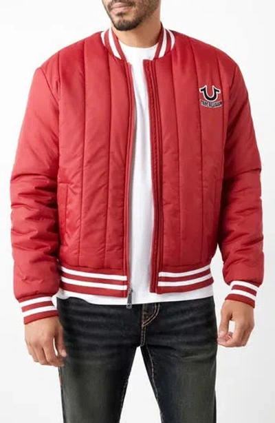 True Religion Brand Jeans Vertical Quilt Bomber Jacket In Red Dahlia