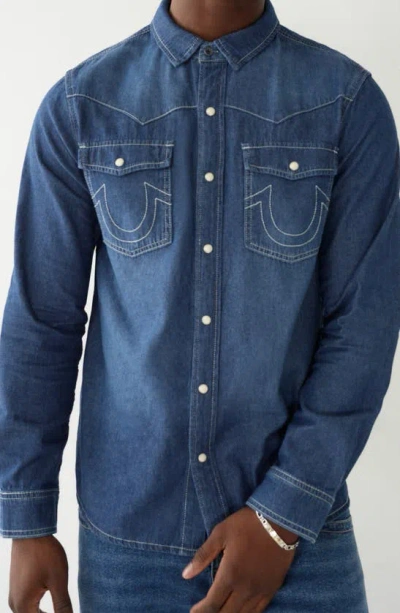 True Religion Brand Jeans Western Chambray Shirt In Dark Blue Wash