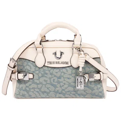 True Religion Brooks Leopard Denim Belted Satchel With Horseshoe Charm And Detachable Crossbody Strap In Blue