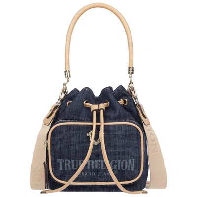 True Religion Bryce Denim & Pu Bucket Bag - Women's Designer Drawstring Bucket Handbag With Crossbody Strap (dark  In Blue