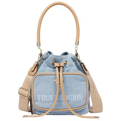 True Religion Bryce Denim & Pu Bucket Bag - Women's Designer Drawstring Bucket Handbag With Crossbody Strap (dark  In Multi