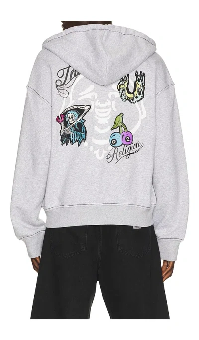 True Religion Buddha Face Big T Boxy Zip Up Hoodie In Gray