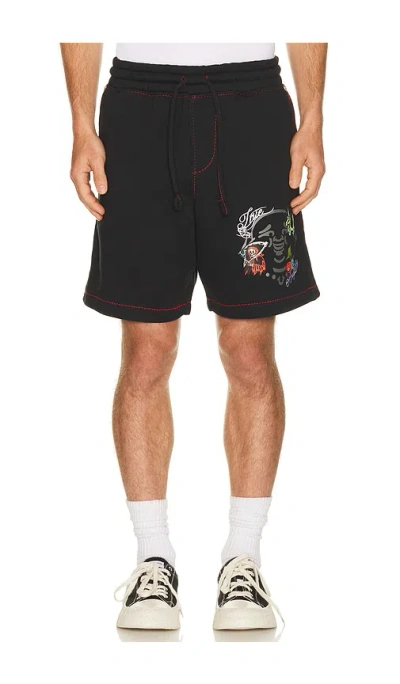 True Religion Buddha Face Big T Fleece Shorts In Black