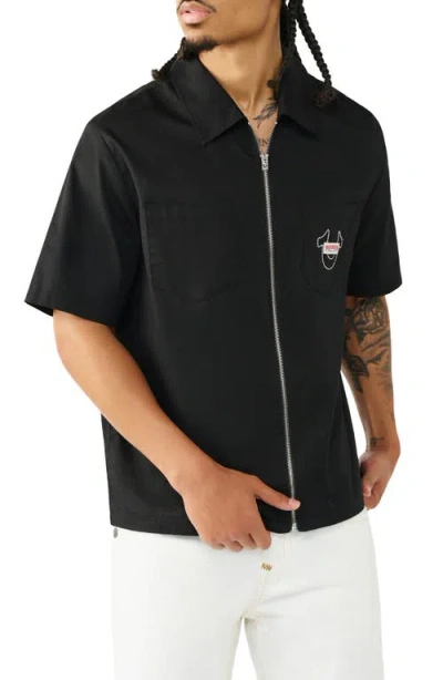 True Religion Buddha Graphic Short Sleeve Zip-up Shirt In Black