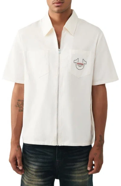 True Religion Buddha Graphic Short Sleeve Zip-up Shirt In White