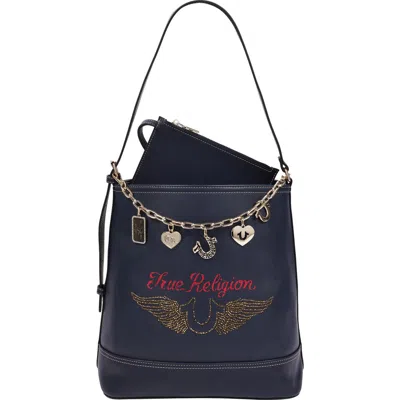True Religion Chain Moto Faux Leather Bucket Bag & Pouch Set In Navy