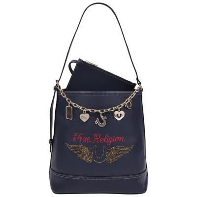 True Religion Chain Moto Pu Bucket Bag With Charm Chain And Removable Zip Pouch In Blue