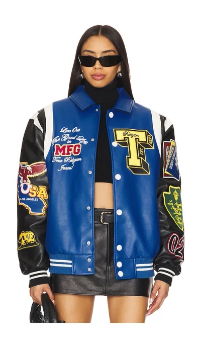 True Religion Color Block Puffer Bomber Jacket In 蓝色 & 黑色
