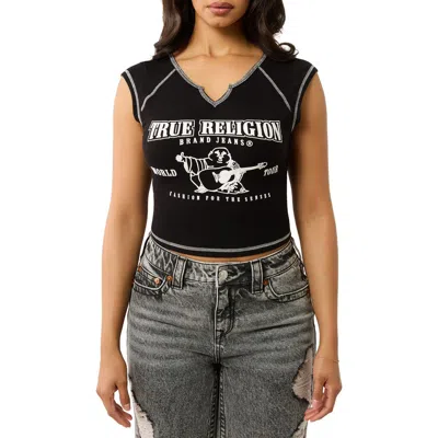 True Religion Contrast Stitch Crop Graphic T-shirt In Jet Black