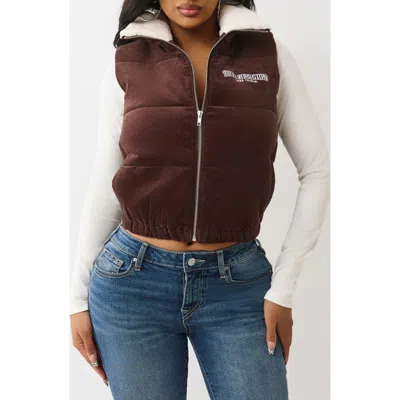 True Religion Corduroy Faux Shearling Lined Quilted Puffer Vest In Brown