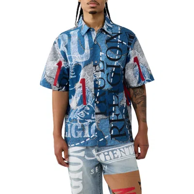 True Religion Cotton Poplin Short Sleeve Shirt In Blue