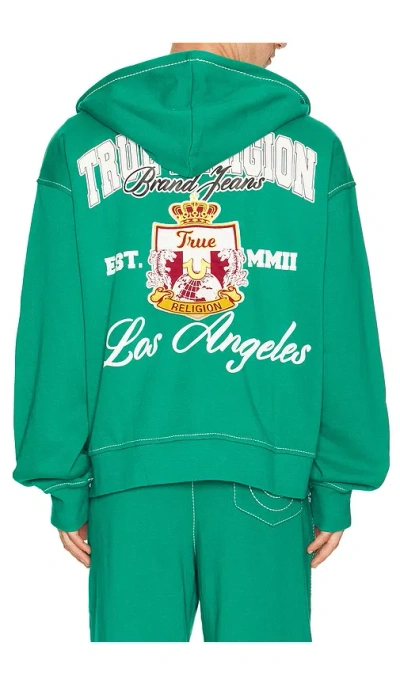 True Religion Crest Big T Cinched Zip Up Hoodie In Green