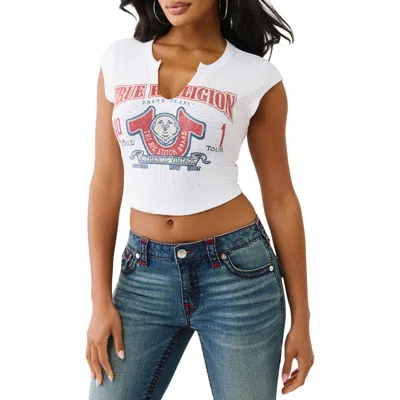 True Religion Crop Distressed Buddha Crystal Graphic T-shirt In White
